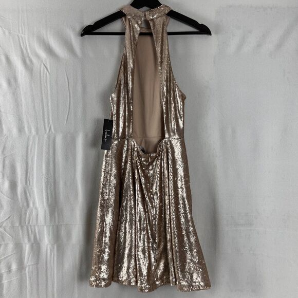 New Lulus Size S Under the Spotlight Champagne Sequin Backless Skater Dress NWT - Picture 5 of 16
